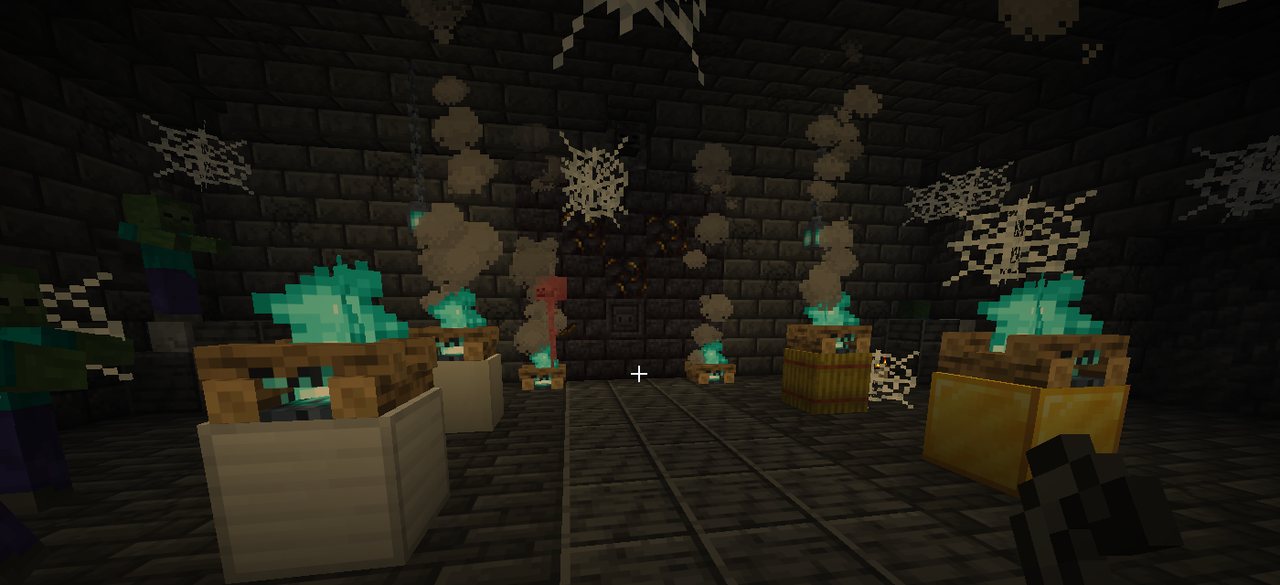 Four lit braziers on pedestals in a dark crypt hall
