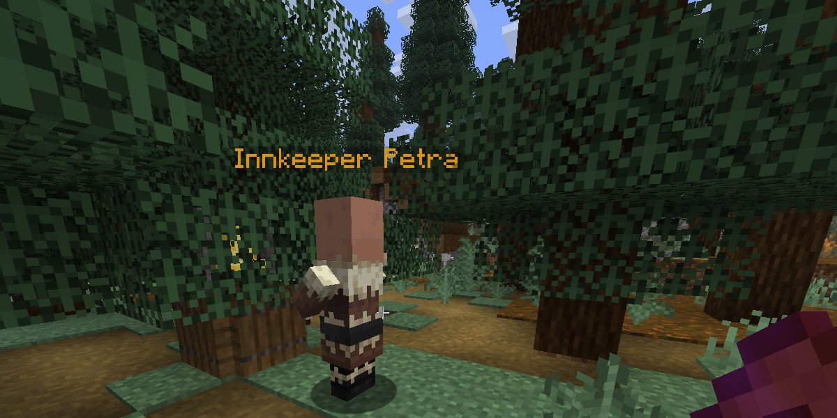 An innkeeper villager named Innkeeper Petra standing near a village