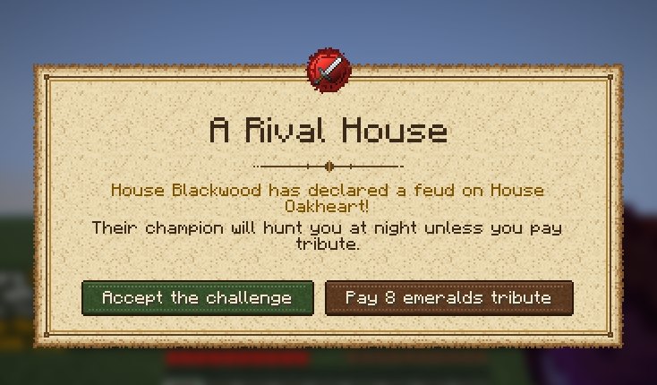A parchment scroll titled A Rival House, with the buttons Accept the challenge and Pay 8 emeralds tribute