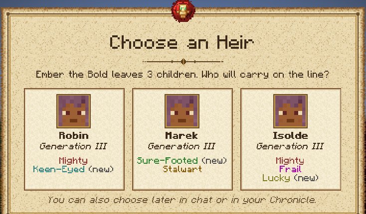 A parchment scroll titled Choose an Heir, with three children's portrait cards showing their traits